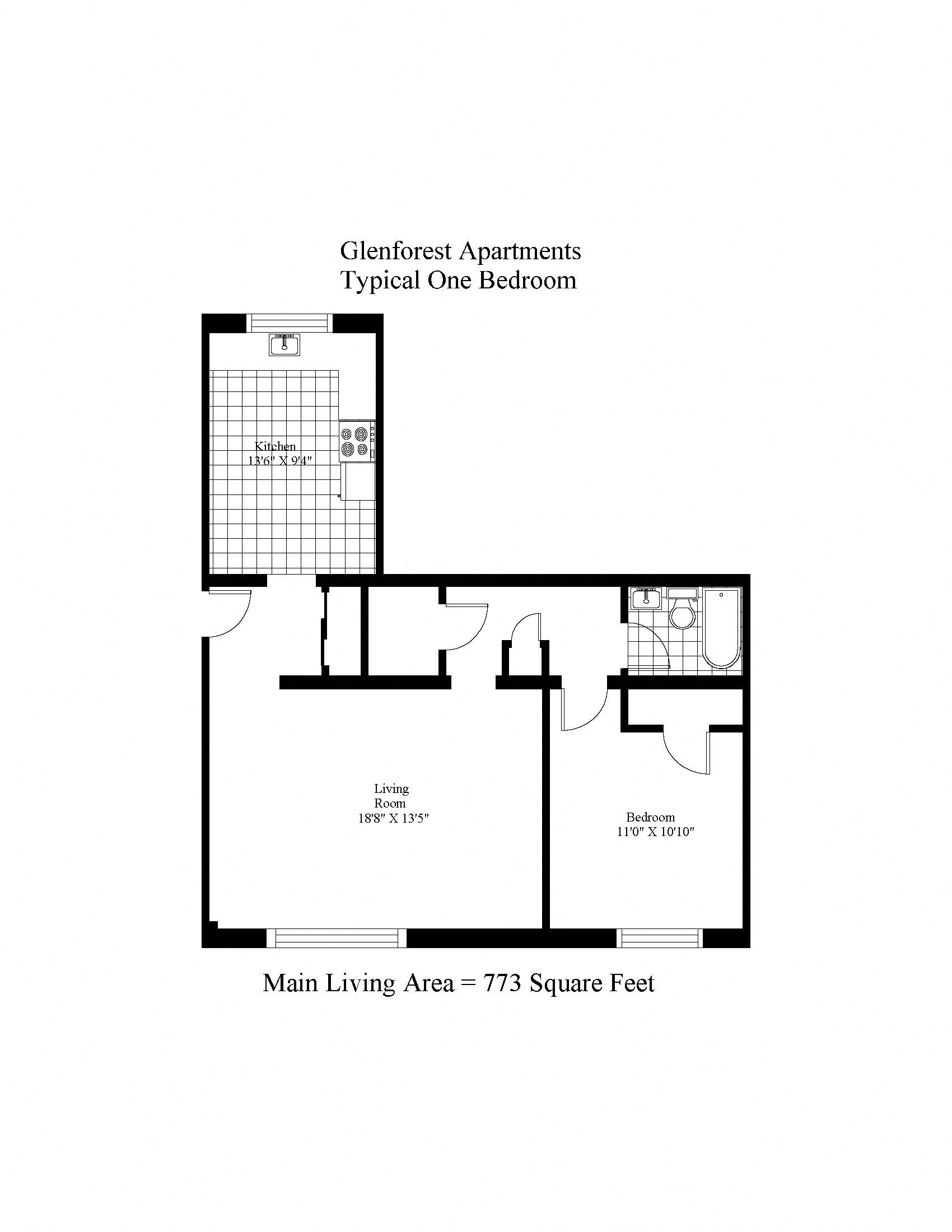 Floor plan for 1 bed, 1 bath, 773 sqft